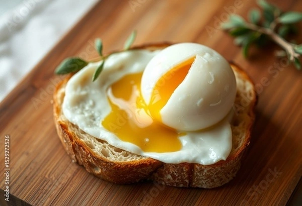 Obraz Single poached egg on rustic toast with soft focus and warm lighting