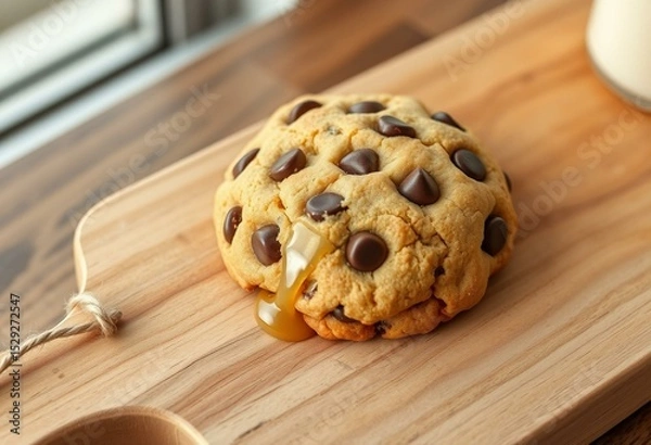 Obraz Warm, soft-baked chocolate chip cookie with melting chips