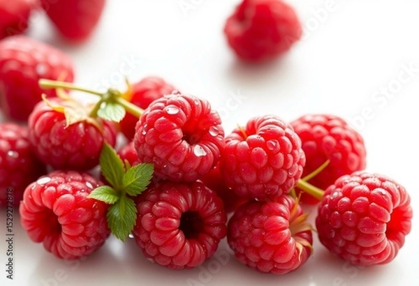 Obraz Raspberries with water droplets on a white background