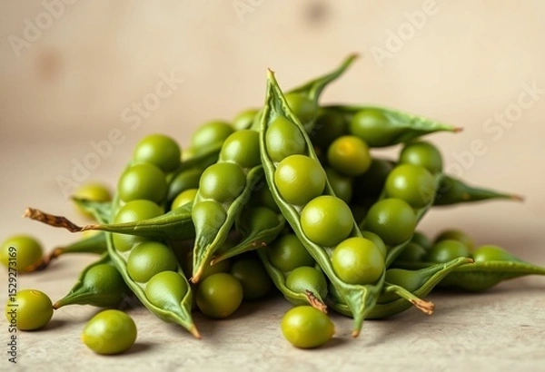 Obraz A few green edamame pods with one slightly open, against a plain background, with natural light