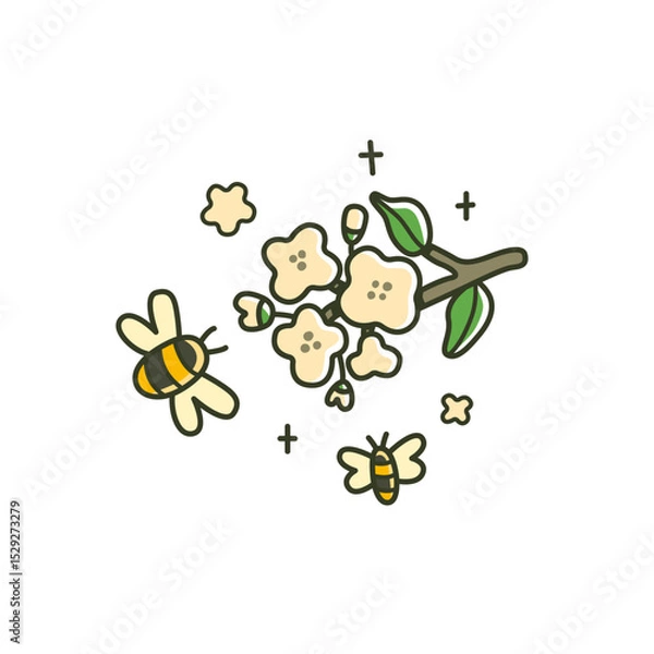 Obraz Cute cartoon bee and flowers. Kawaii vector illustration with outline honeybee, blossom, buzzing and pollination scene in a spring garden