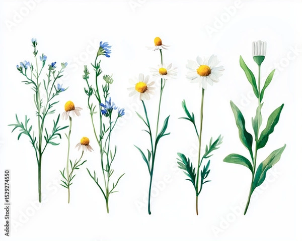 Obraz Watercolor ai-generared illustration of a Wildflower Collection. Isolated on a white background