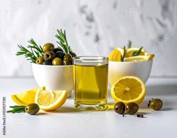 Obraz A glass of lemon oil between two bowls with rosemary and lemon slices and olives