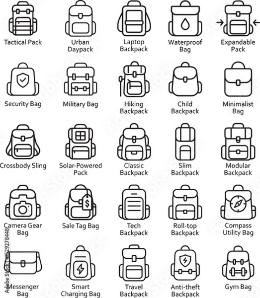 Obraz Backpack Icons Vector Set: Line Art on White.