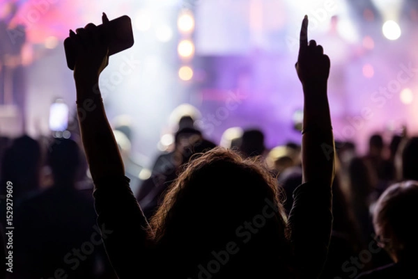 Fototapeta The audience gets excited and cheers with their arms raised during the concert of the musical band that performs on stage.