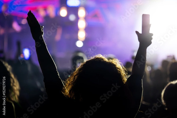 Fototapeta The audience gets excited and cheers with their arms raised during the concert of the musical band that performs on stage.