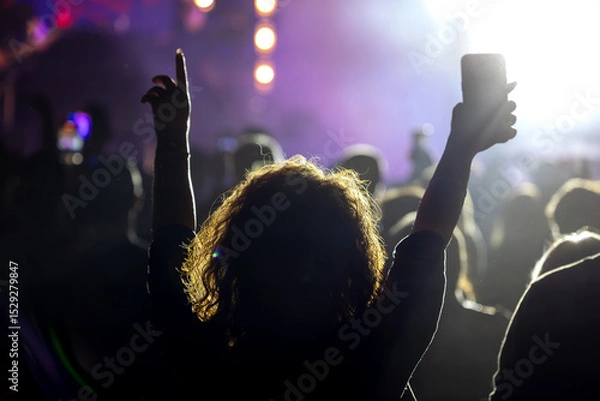 Fototapeta The audience gets excited and cheers with their arms raised during the concert of the musical band that performs on stage.