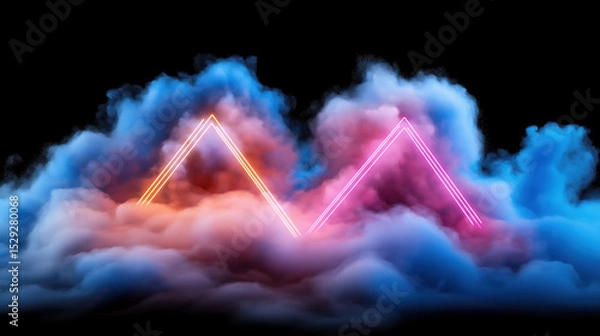Fototapeta Bright neon triangles emerge from colorful mist during night time