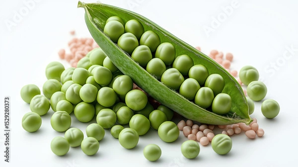 Fototapeta Fresh green peas and pod on a plain surface ready for cooking