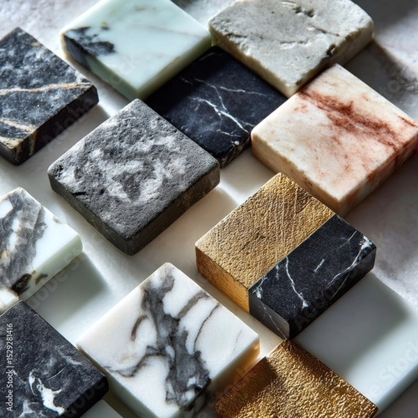 Fototapeta Textured marble and stone tile samples with various finishes in elegant layout