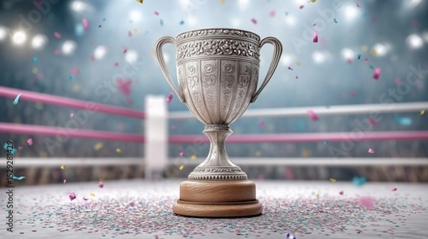Fototapeta Silver Trophy in Boxing Ring with Confetti