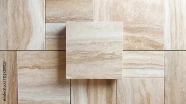 Fototapeta Beige travertine tiles arranged in offset rectangular layout with central tile sample