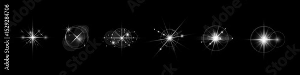 Fototapeta Light effect set. Glow isolated white transparent light effect set, lens flare, explosion, glitter, dust, line, sun flash, spark and stars, spotlight, curve twirl.