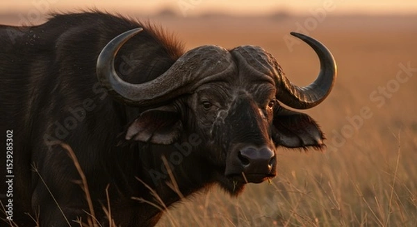 Fototapeta A powerful African buffalo stands alert in the savannah, its sturdy frame and curved horns symbolizing strength and resilience in the wild.