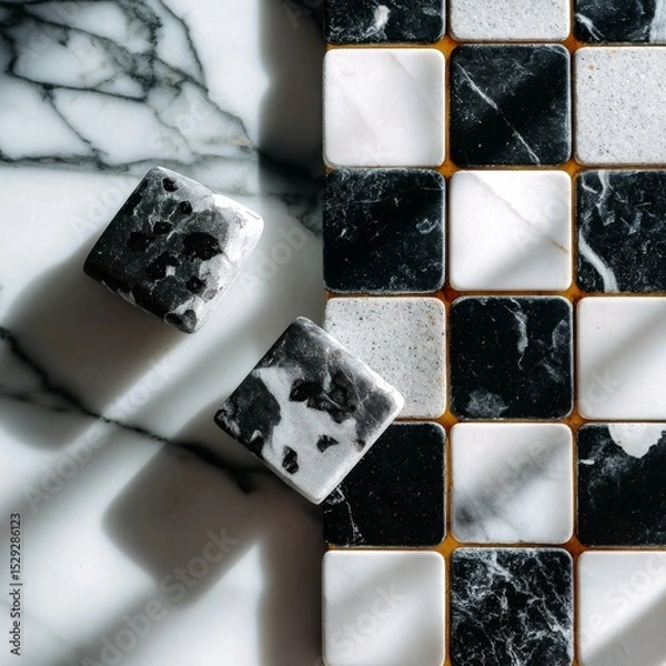 Fototapeta Black and white marble chessboard tile pattern in top-down natural lighting setup