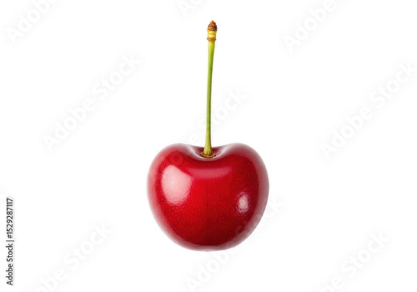 Fototapeta Vibrant red cherry with a green stem, isolated on a transparent background