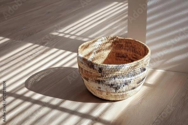 Obraz Hand-woven straw basket with striped shadows on wood floor