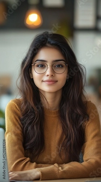 Obraz A young woman wearing glasses with long hair sitting at a desk, creating an atmosphere of focus and professionalism. Useful for articles about work and education.