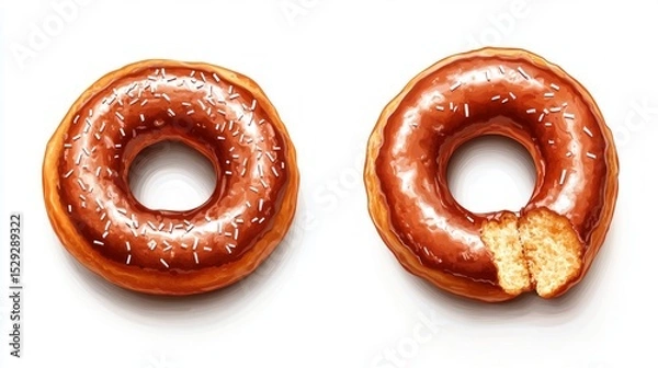 Obraz Two doughnuts with chocolate glaze and sprinkles, one with a bite taken out of it. Useful for advertising confectionery and cooking blogs.