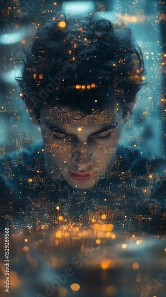 Obraz Abstract background with human and city lights, creating a mysterious and dreamy atmosphere. Used in designs related to city life and night scenes.