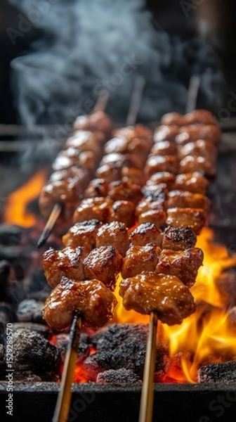 Obraz Grilled kebabs, juicy and appetizing, cooked over an open fire. Useful for articles about cooking, barbecue and summer recipes.