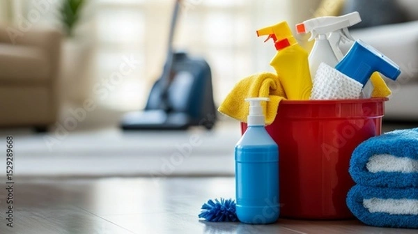 Obraz Brightly colored cleaning product bottles and rags in red bucket background cleaning room. Photo stock photos of household chemicals and cleaning.
