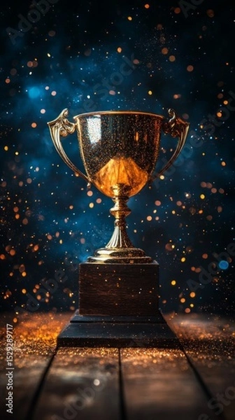 Obraz Gold bowl with sequins on a dark background, creating an atmosphere of celebration and victory. Useful for promotional materials, event websites and in blogs about celebrations.