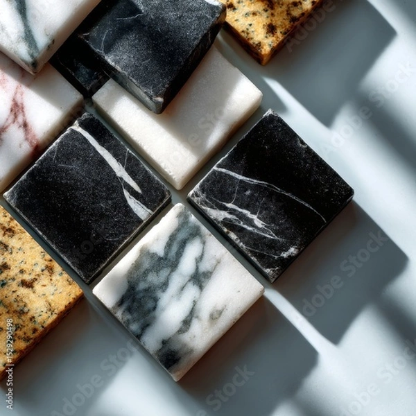 Fototapeta Marble and granite square tile composition in diagonal lighting