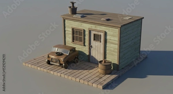 Fototapeta A small car is parked in front of a small house