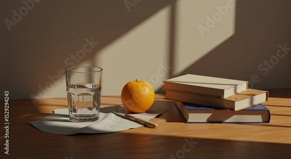 Fototapeta A glass of water, a book, and an orange are on a table