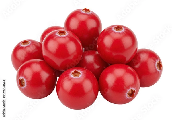 Fototapeta Fresh, glossy red cranberries stacked together on a clean white background