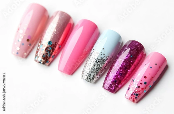 Obraz Bright and colorful artificial nails placed on a white background.