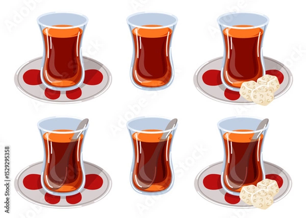 Fototapeta Traditional Turkish tea set in curved glass with saucer, spoon and sugar cubes served in different variation in cartoon. Perfect for breakfast cafe menu isolated on white background.