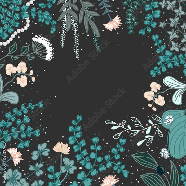 Fototapeta Square frame with cute wild flowers and herbs. Floral dark background. Vector illustration.