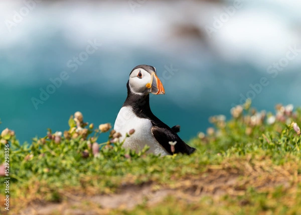 Fototapeta Cute Atlantic puffin seabird "Fratercula arctica" showing its colorful red orange beak or bill while standing behind green grass on cliff. Blurred sea beyond bird, Saltee Islands, Wexford, Ireland