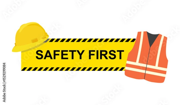 Obraz safety first, Engineer helmet on yellow background, safety equipment, construction concept, vector design