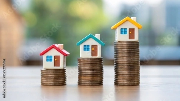 Fototapeta Miniature houses on stacks of coins, symbolizing real estate investment and financial growth.