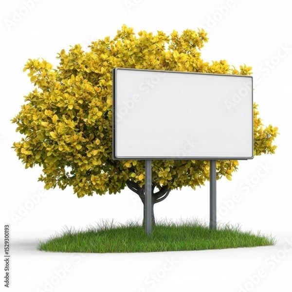 Fototapeta Blank Billboard Sign Beside a Small Tree with Yellow Leaves on White Background