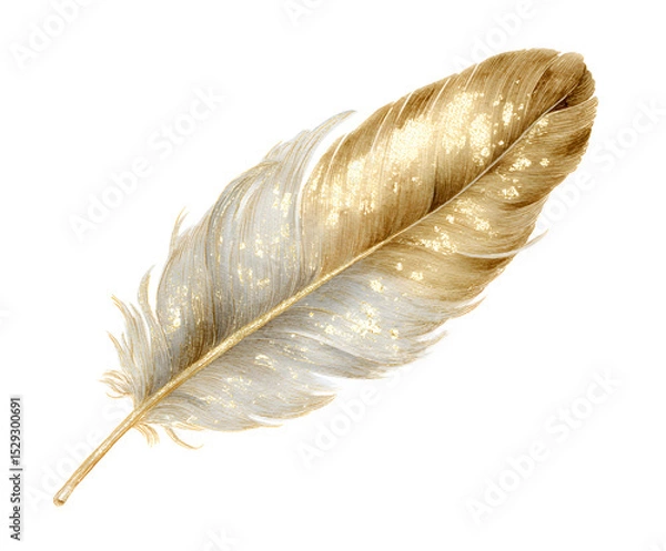 Fototapeta Elegant Golden Feather with Glitter on White Background - Isolated Decorative Element for Design Projects and Creative Compositions