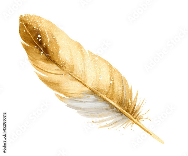 Fototapeta Watercolor Golden Feather with Glitter Isolated on White Background - Elegant Illustration for Design Projects and Creative Uses
