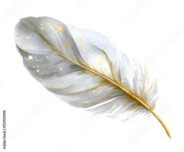 Fototapeta Elegant Watercolor Feather with Gold Accents - Isolated Artistic Design Element for Creative Projects and Invitations