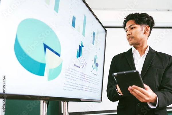 Fototapeta Business professional presenting financial data on a digital screen with tablet in hand, highlighting analytic, corporate strategy, and digital transformation in a modern office environment.