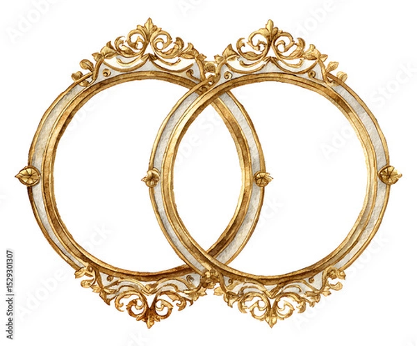 Fototapeta Watercolor Golden Frames: Intertwined Oval Ornate Borders for Wedding Invitations and Elegant Designs (Isolated on White)