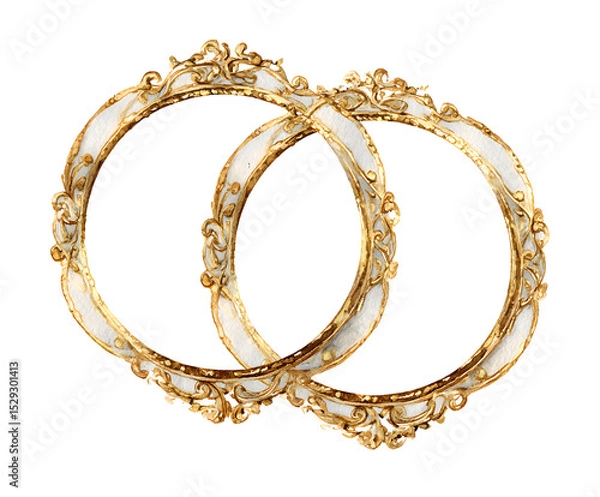 Fototapeta Watercolor Golden Frames Intertwined: Elegant Ornate Design for Wedding Invitations and Decorative Elements (Isolated on White)