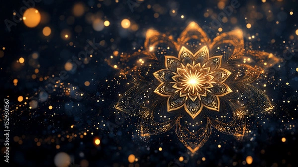 Fototapeta Radiant golden mandala graces a deep, shadowed canvas, its ornate petals glowing softly amidst shimmering bokeh lights, evoking elegance and serene mystique.