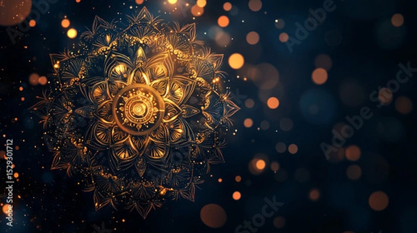 Fototapeta Radiant golden mandala graces a deep, shadowed canvas, its ornate petals glowing softly amidst shimmering bokeh lights, evoking elegance and serene mystique.