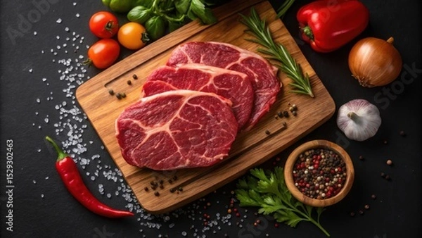 Fototapeta Fresh cuts of beef on a wooden board surrounded by vegetables and spices.