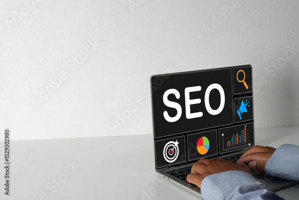 Obraz Laptop screen displaying "SEO" with search, target, and analytics icons. Concept for Search Engine Optimization strategy,search analysis, target audience,keyword research,marketing campaign.