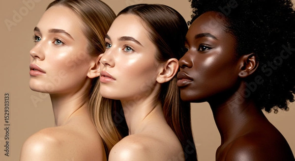 Fototapeta Beauty portrait of three diverse women with elegant expressions leaning left with flawless complexions