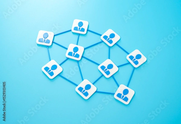 Fototapeta Corporate network of employees. Connected corporate employee network. Remote work collaboration, or internal communication structures. Distribution of duties and work.